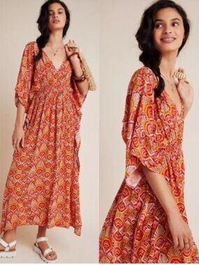Rujuta Sheth Luminous Orange Boho Kaftan Maxi Dress M/L Anthropologie